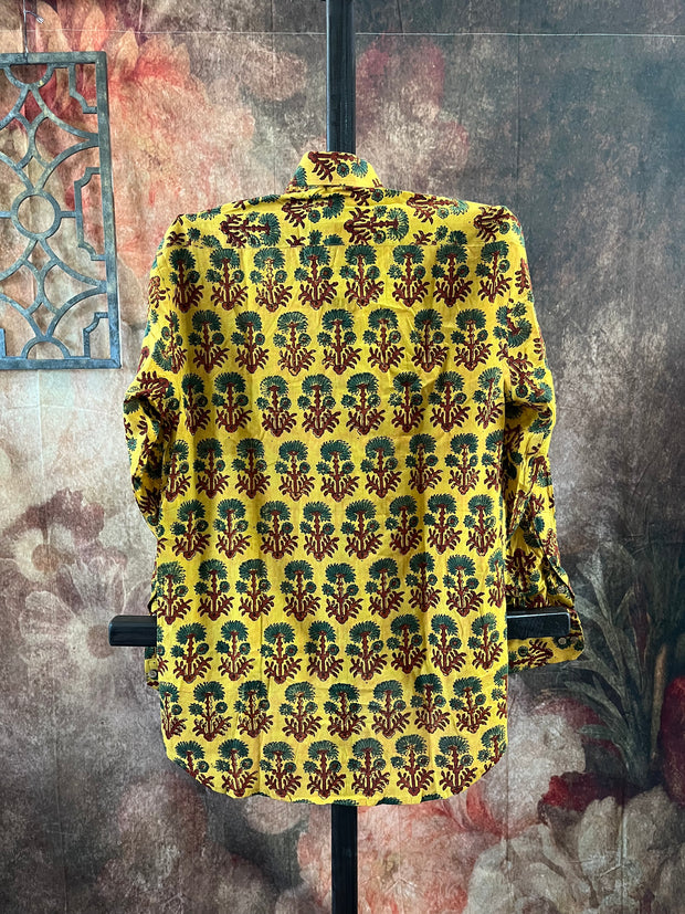 Mustard yellow ajrakh hand block printed cotton shirt- Size 38