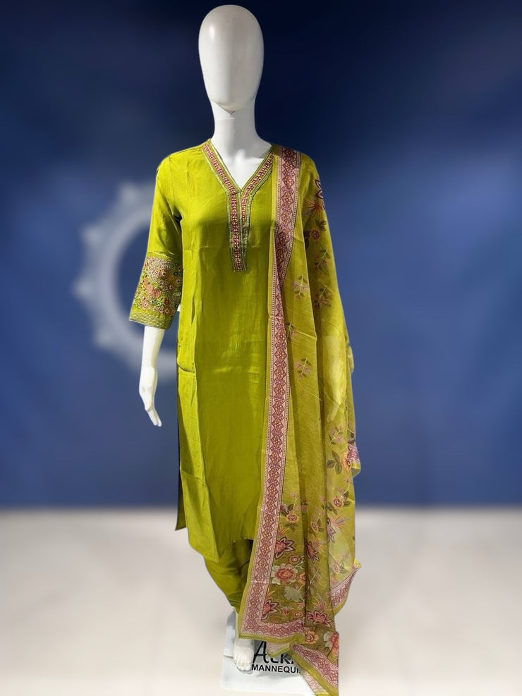 Light green kurti with floral printed dupatta and bottom