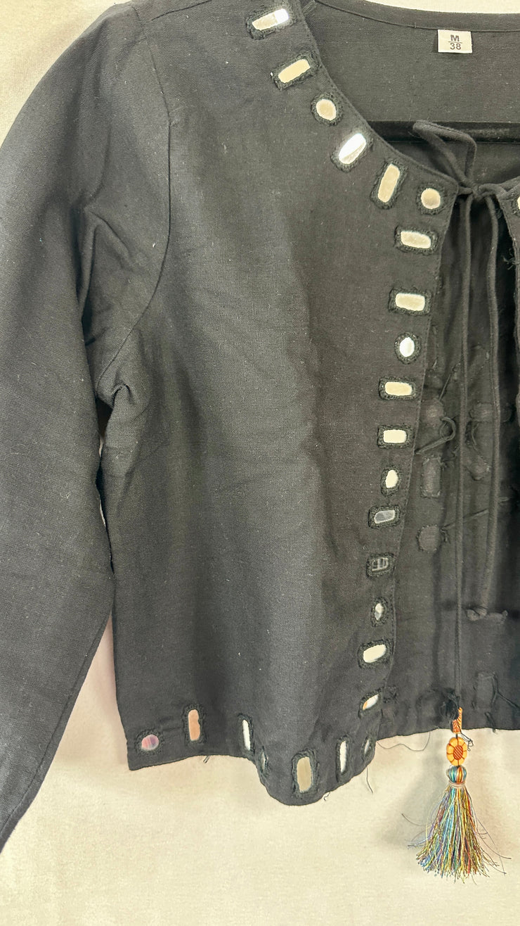 Black cotton jacket with real mirror work