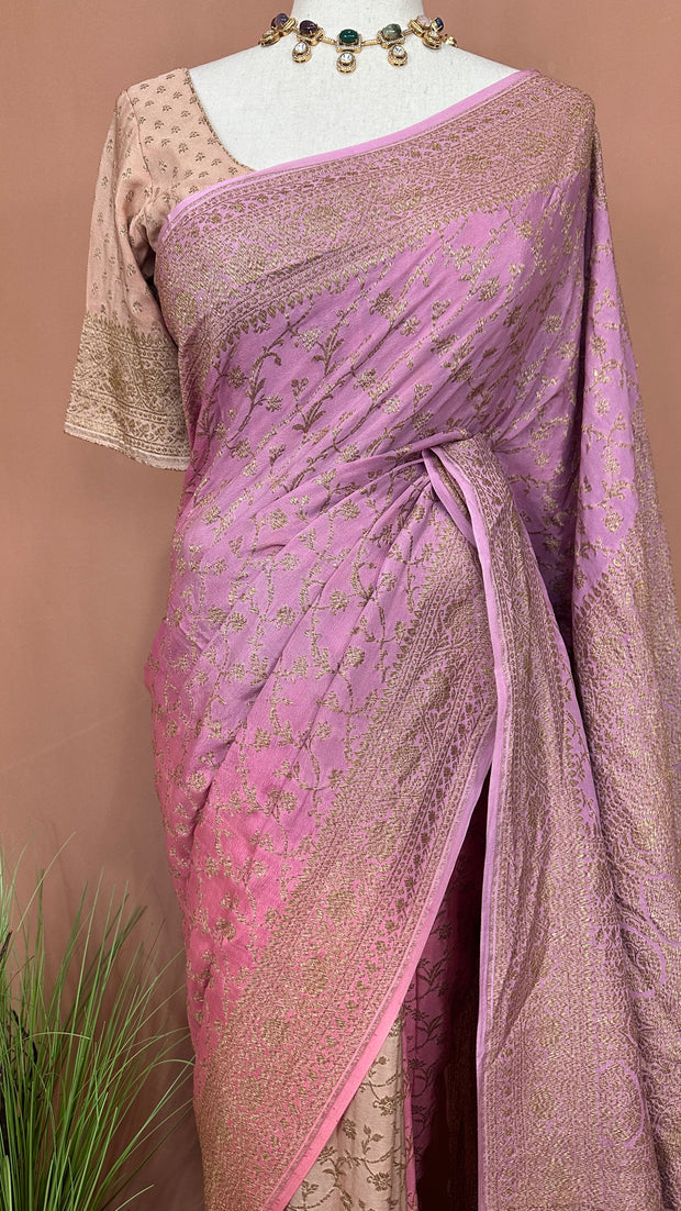 Lotus pink ombre pure crepe silk saree with stitched blouse