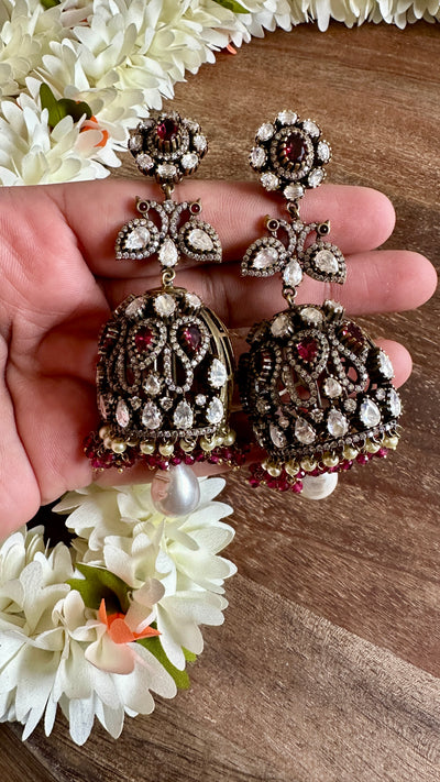 Victorian finish big jhumka with red stone