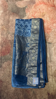 Indigo Blue Ajrakh hand block printed dola silk saree with stitched blouse