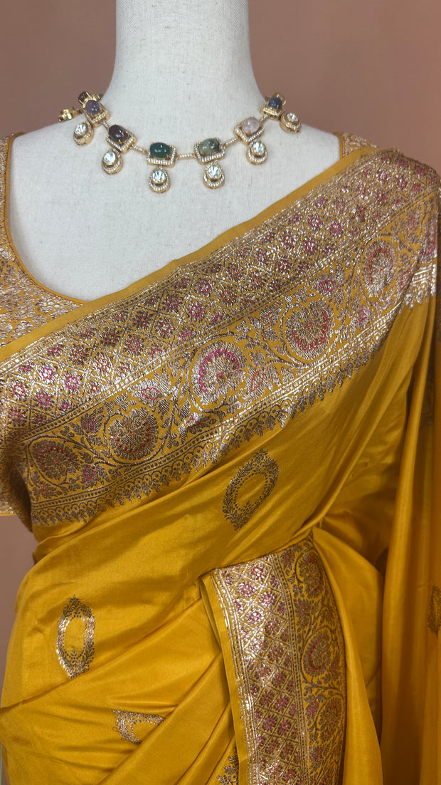 Mustard yellow Mashru Meenakari silk saree, with stitched blouse