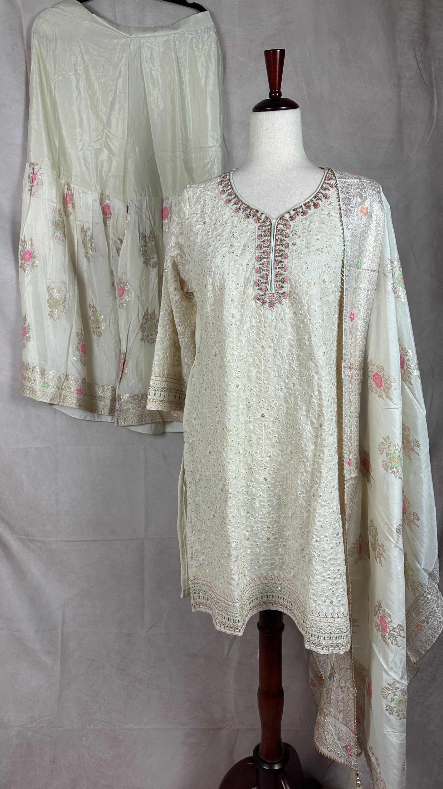 Off white chikankari short kurti with banarsi ghararh and dupatta