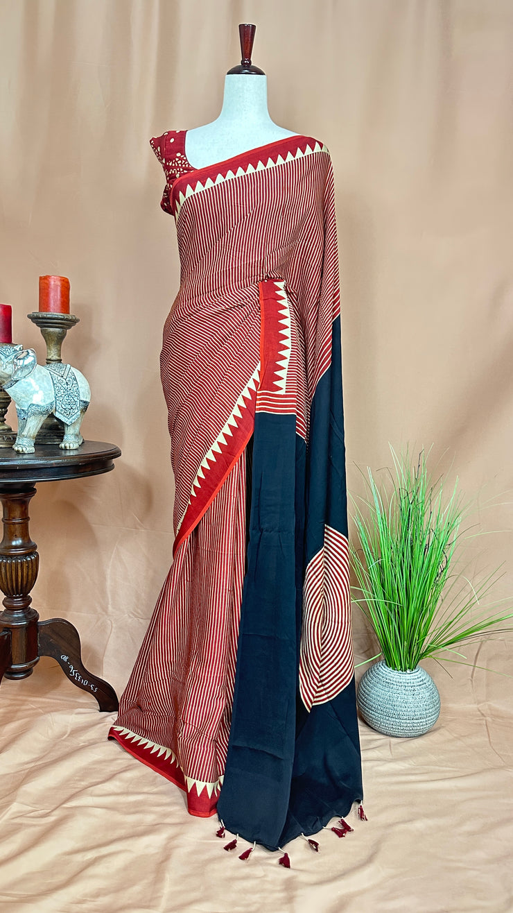 Red ajrak modal silk saree , with stitched blouse