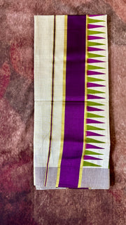 Tissue Set mundu with purple and Green temple print border