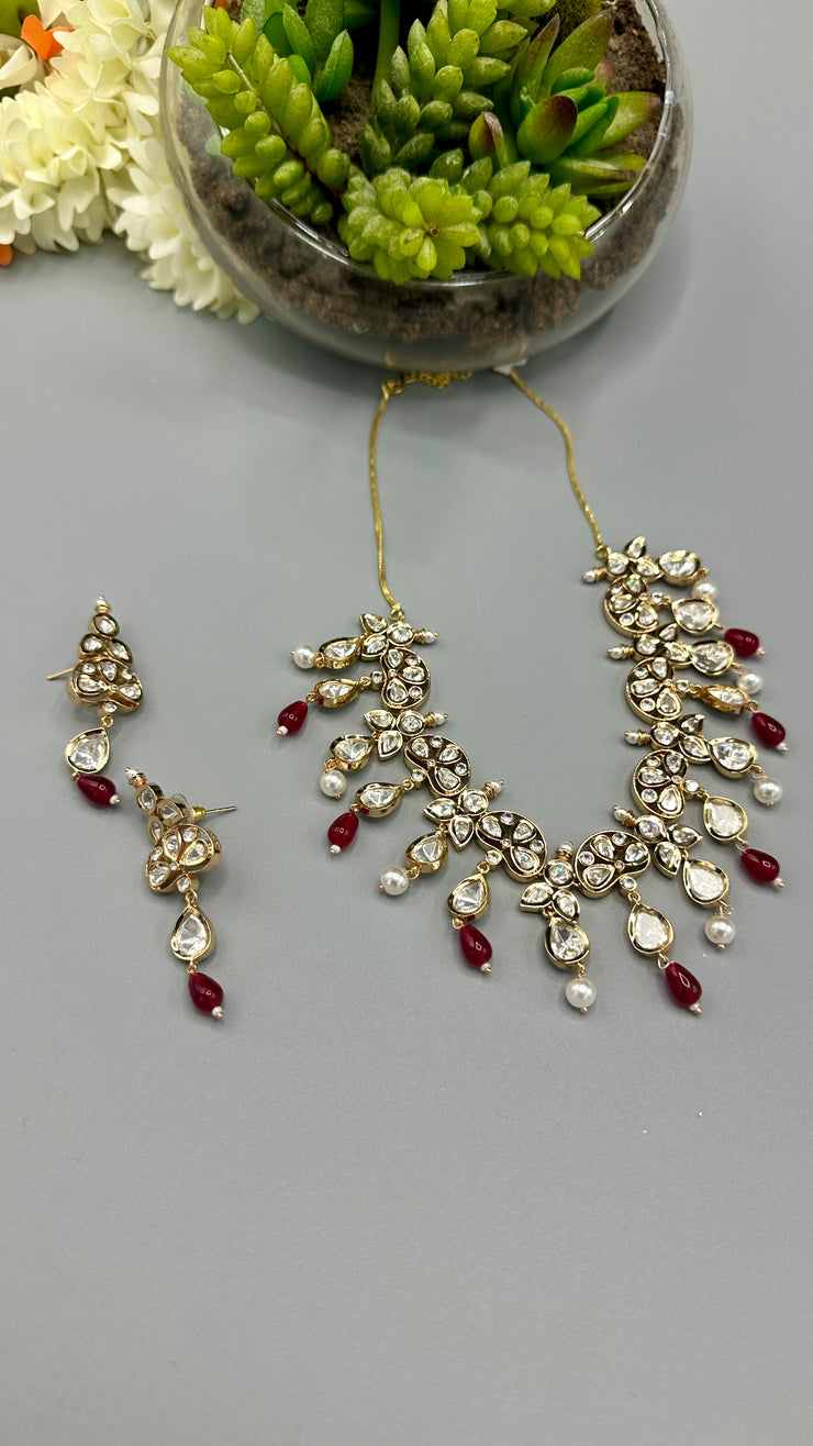 Moissanite stone necklace maroon bead and earring