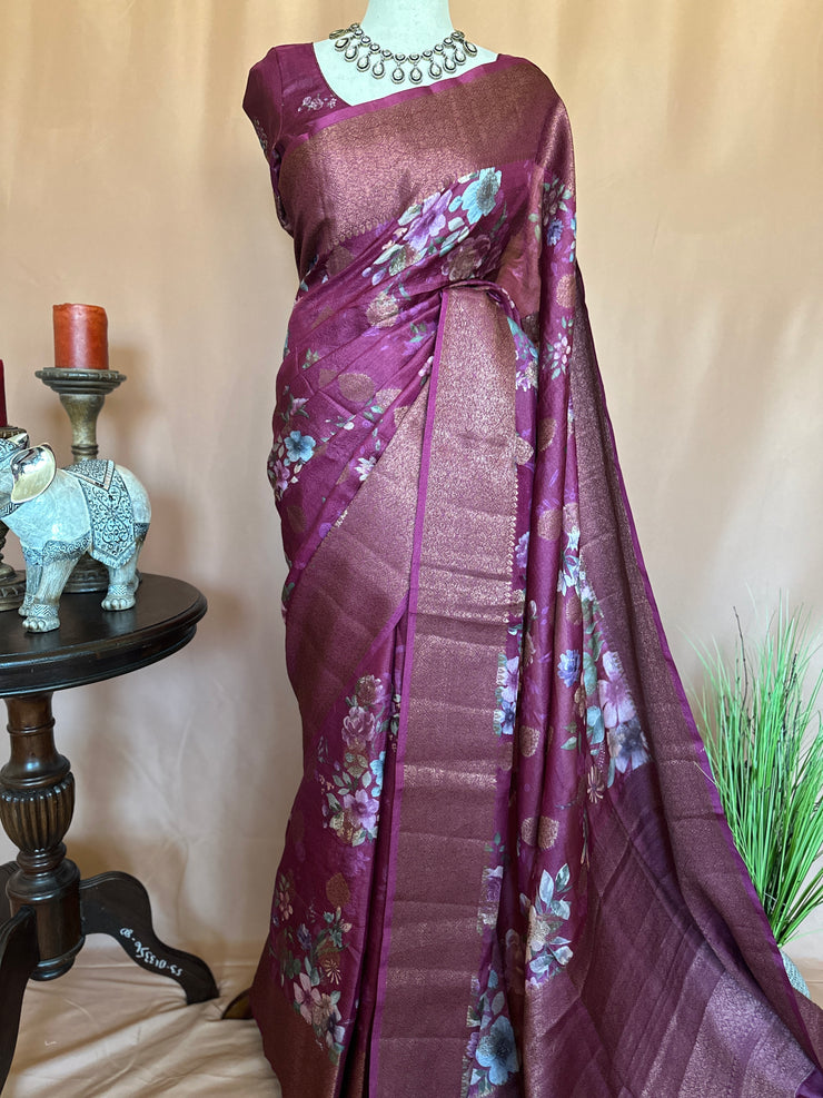 Floral printed pure tussar banarsi with stitched blouse