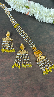 Pearl necklace with Yellow stone and chandlier earrings