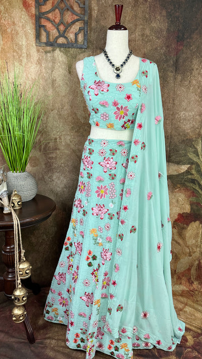 Pastel blue lehenga with embroidery