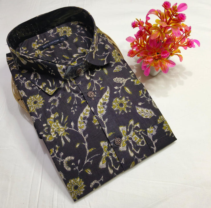 Hand block printed Jaipur cotton shirt with full sleeves