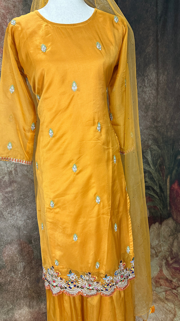 Mustard yellow embroidered kurti with gharah and dupatta