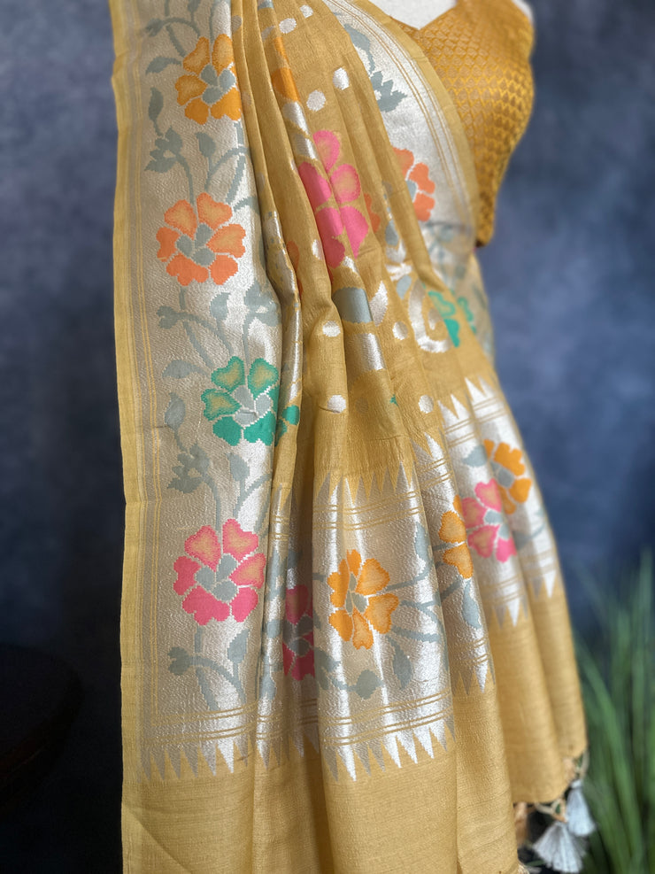 Pure tussar georgette hand loom banarsi saree with Paithani border, stitched blouse