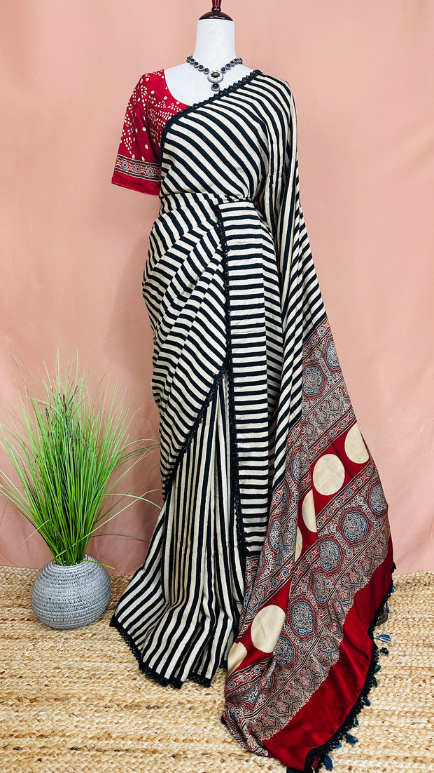 Hand block Ajrakh print Red modal silk saree with bread border, with stitched blouse