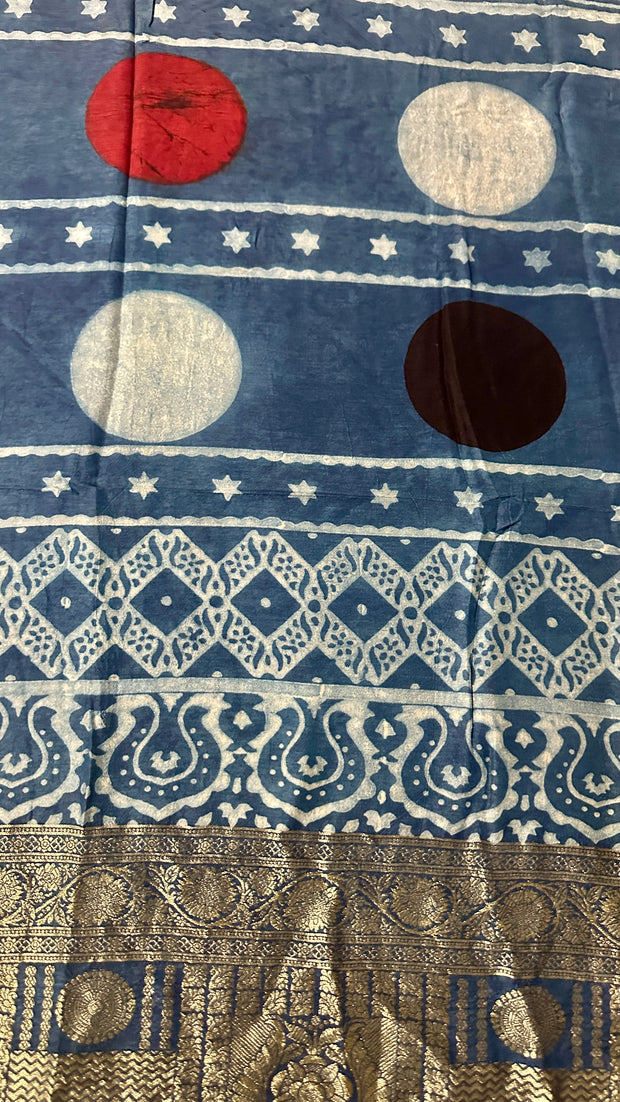 Indigo Blue Ajrakh hand block printed dola silk saree with stitched blouse