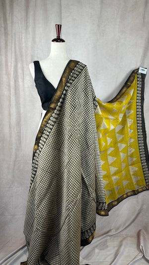 Handblock printed Maheswari cotton silk saree