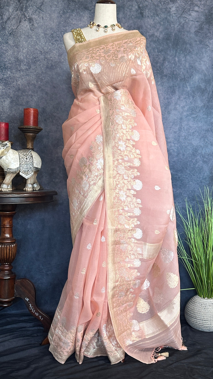 Pure Silk organza saree with gold and silver weave , with stitched blouse