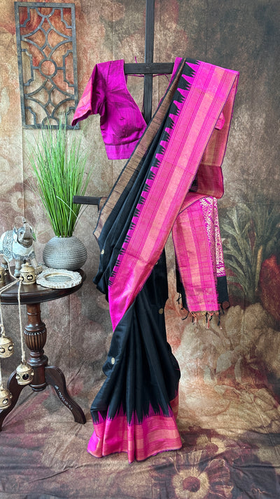 Black and Pink Combo Pure Raw Silk Saree with Stitched Blouse