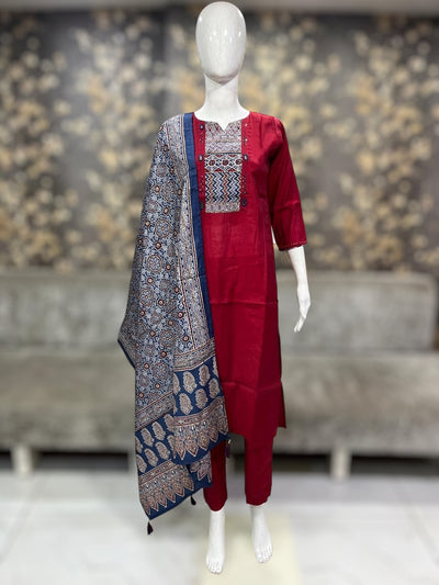 Red modal cotton kurti with bottom and dupatta