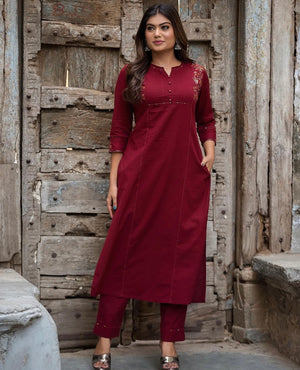 Maroon Cotton kurti with embroidery and bottom