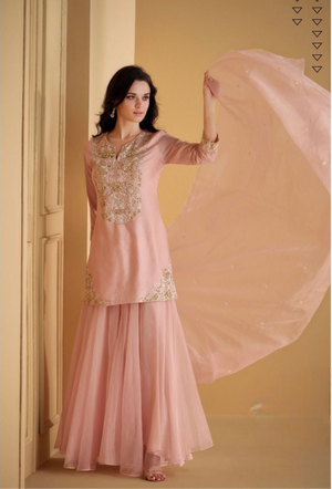 Dusty pink cotton silk top with organza skirt and dupatta