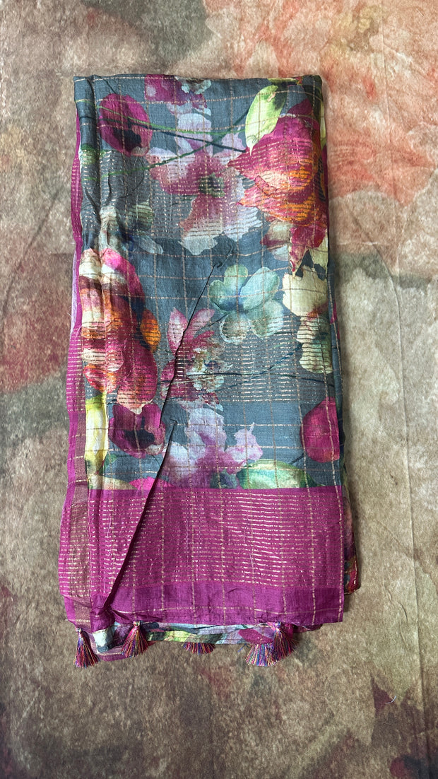 Silk mark certified Pure Grey tussar silk saree with digital floral print, with BP