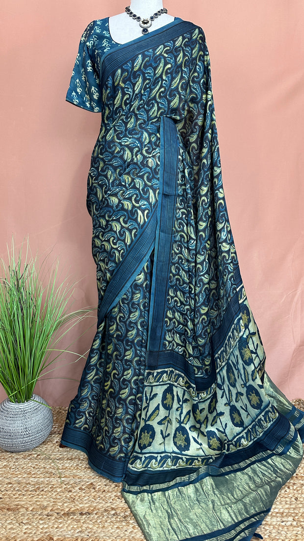 Vanaspati Hand Block Print on Modal Silk Saree with Zari Pallu and with stitched blouse