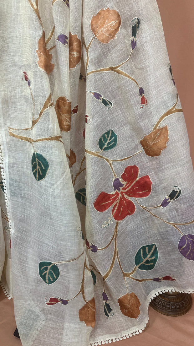 Tissue linen saree with kamalkari patch work, with contrast blouse