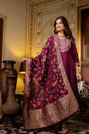 Maroon flared kurti with bottom and banarsi dupatta