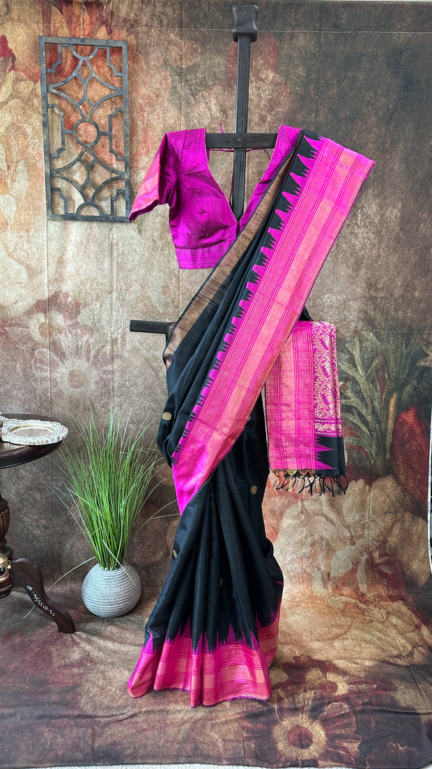 Black and Pink Combo Pure Raw Silk Saree with Stitched Blouse