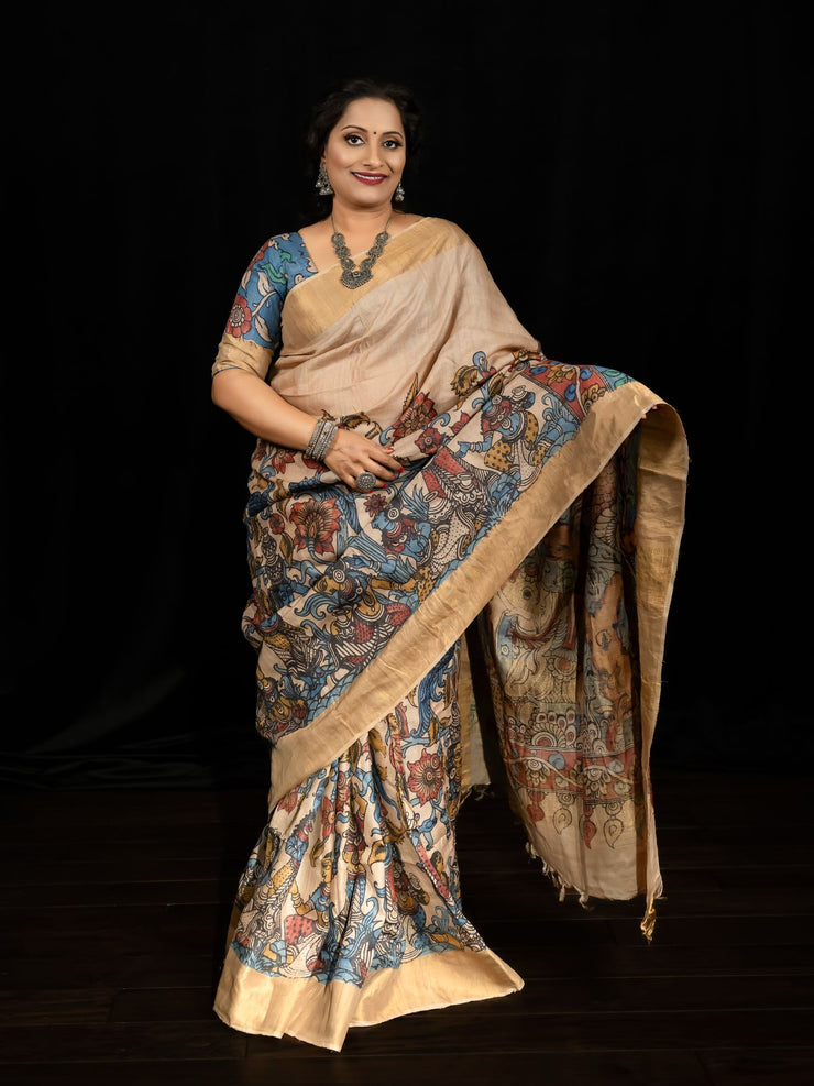 Kalamkari Hand Painted Pure Tussar Saree with stitched blouse