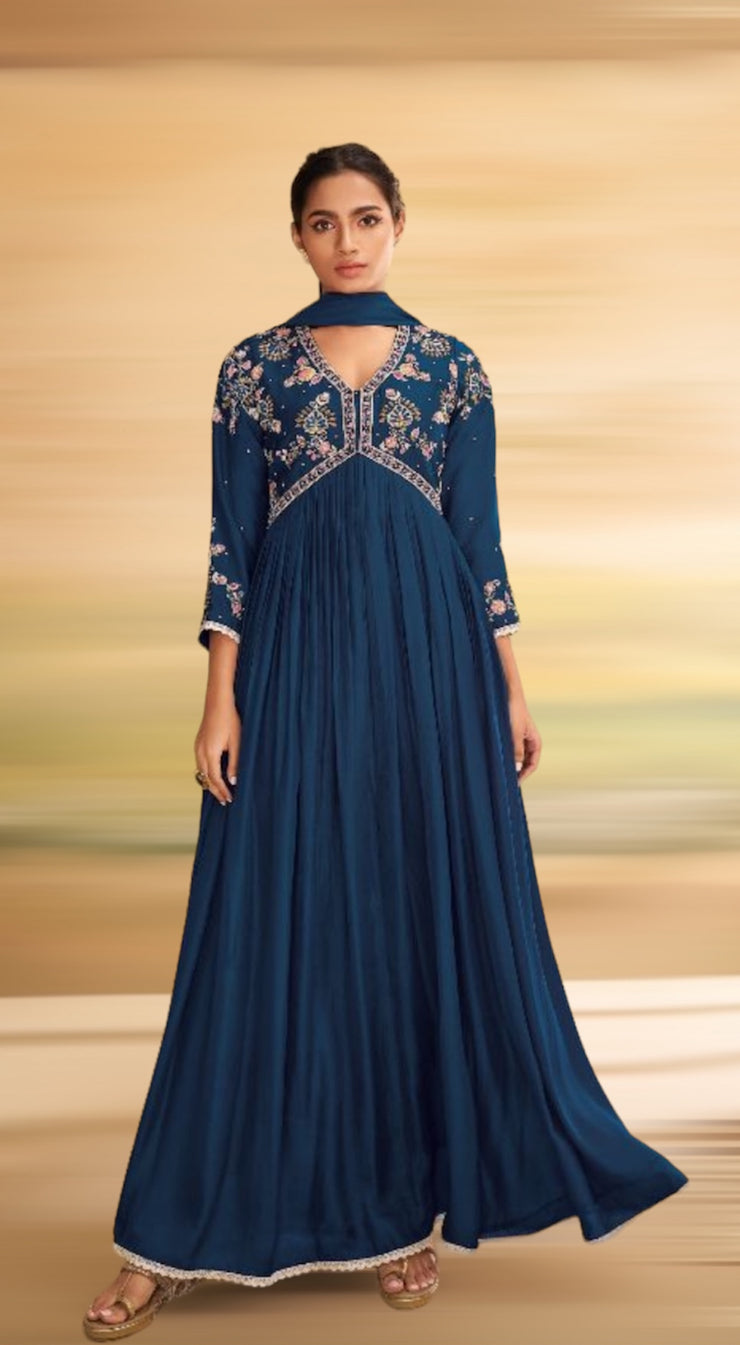 Blue long kurti with bottom and dupatta