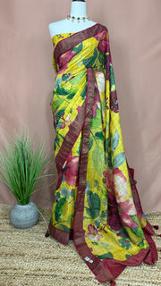 Silk mark certified Pure yellow tussar silk saree with digital floral print, with stitched blouse