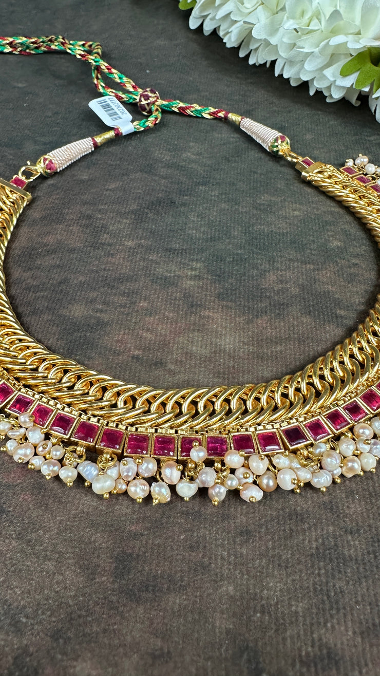 Designer inspired necklace with ruby red kemp stones