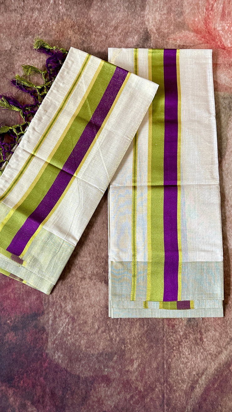 Tissue Set mundu with green and purple border