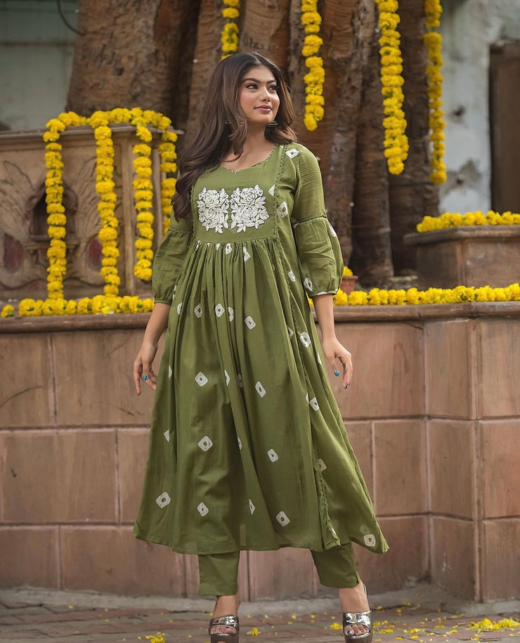 Olive green Mulcotton kurti with embroidery, bottom -XXL