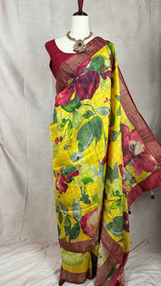 Silk mark certified Pure yellow tussar silk saree with digital floral print, with stitched blouse