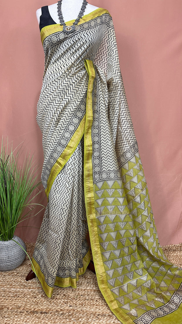 Handblock printed Maheswari cotton silk saree