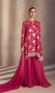 Red sequins short top with palazzo and dupatta