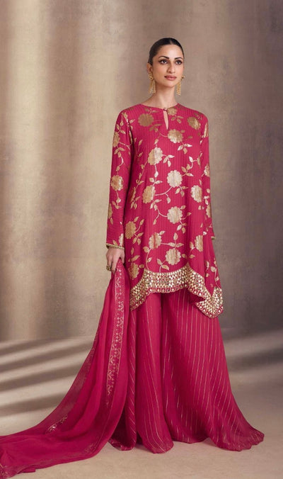 Red sequins short top with palazzo and dupatta