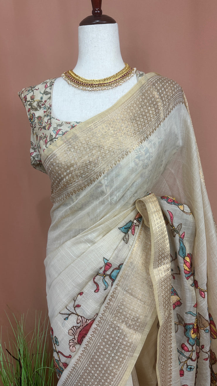 Banarsi tissue saree with kamalkari patch work, with contrast blouse