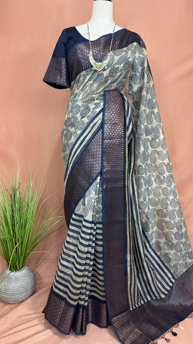 Indigo Blue Maheswari Silk Saree with stitched blouse