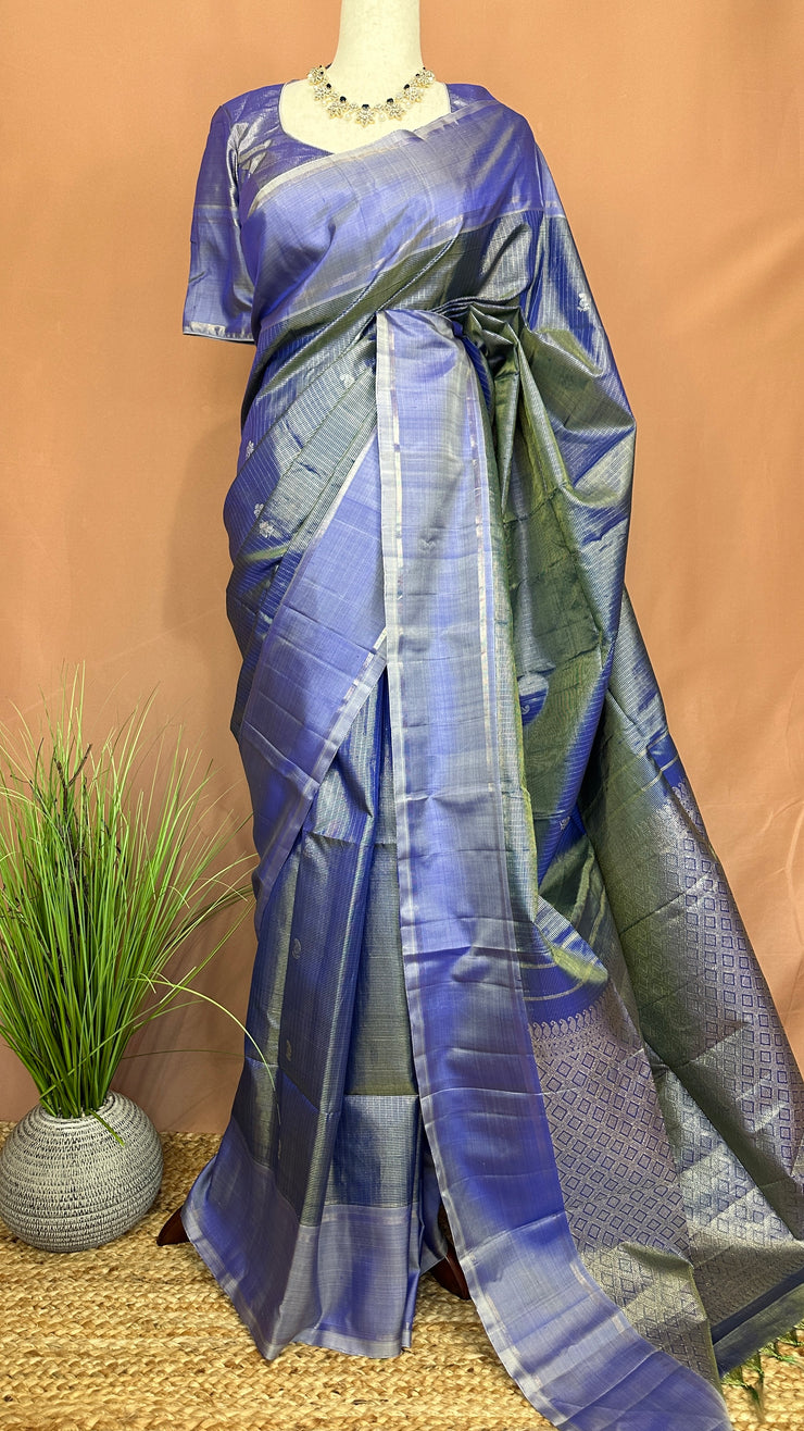 Handloom pure silk Purple and lilac color tissue kanchivaram saree with stitched blouse