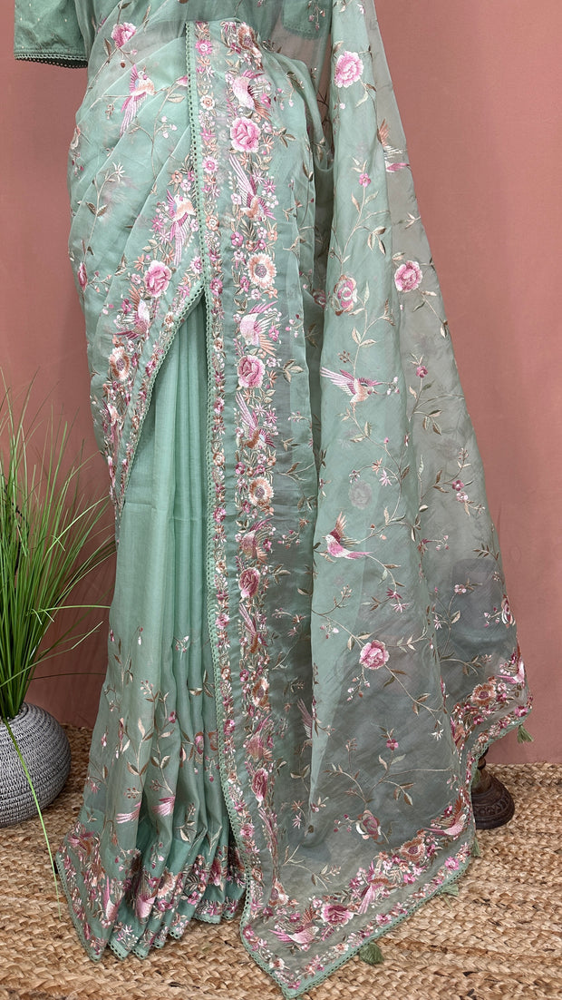 Sea Green Soft Organza Saree with Parsi Gara Machine Embroidery Work , with stitched blouse