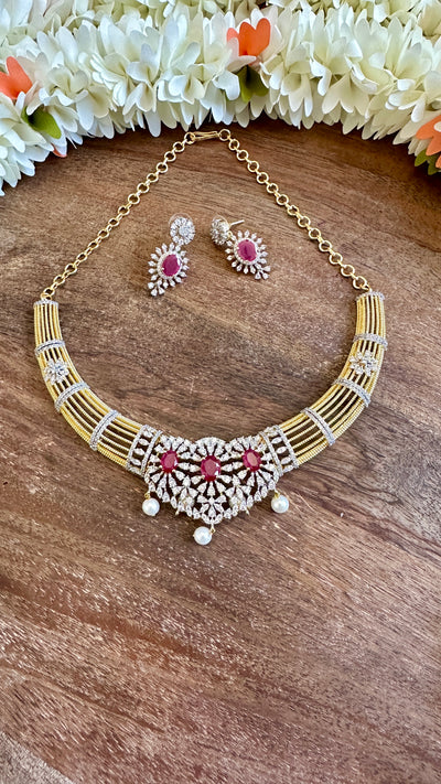 Diamond replica necklace with Pink stone and earring