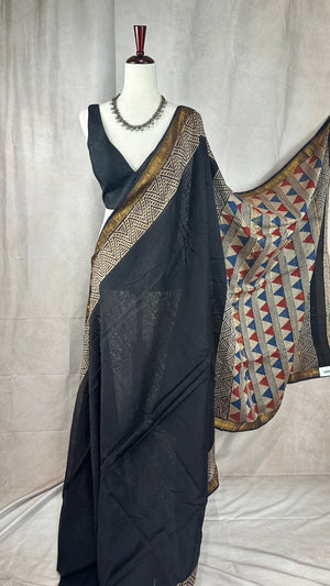 Handblock printed Maheswari cotton silk saree