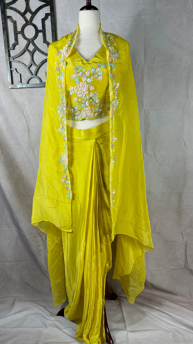 Yellow Crepe drape skirt , short top and shrug, (fits to M/L/XL)