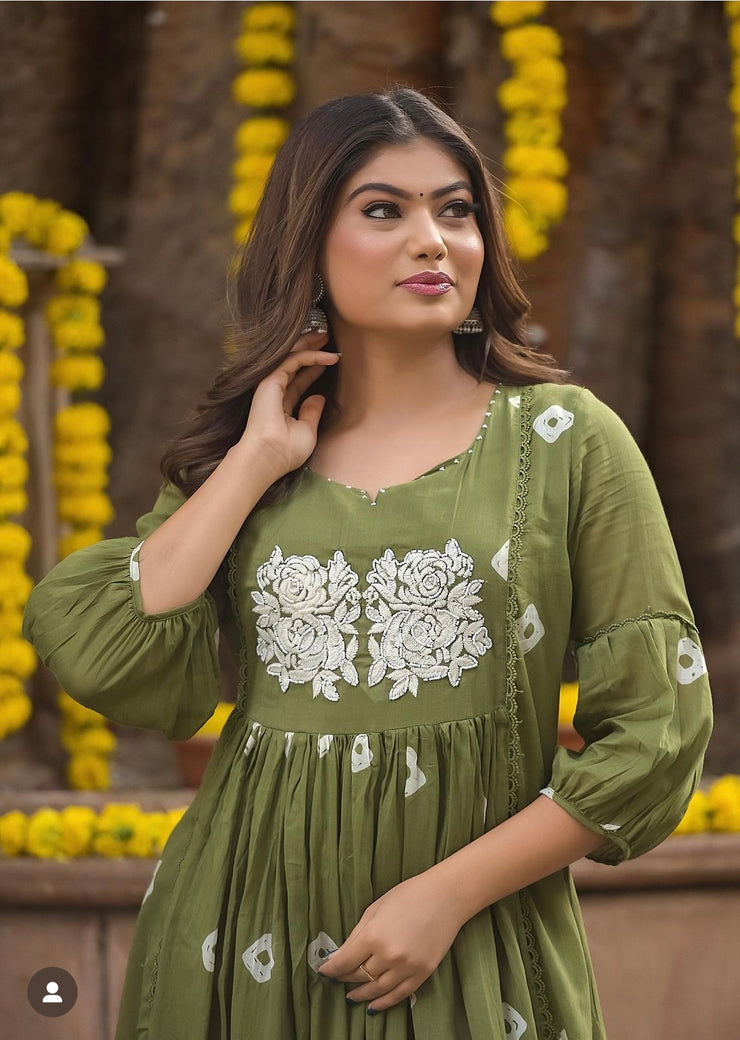 Olive green Mulcotton kurti with embroidery, bottom -XXL