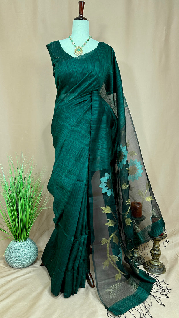 Pure matka silk saree with muslin pallu and jamdani weave , stitched blouse