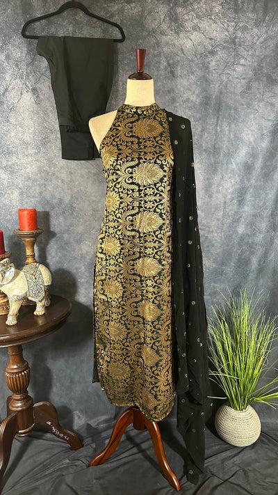 Black Brocade halterneck kurti with bottom and dupatta